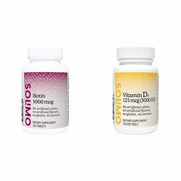 Amazon Brand - Solimo Biotin 5000 mcg, 300 Tablets, Value Size - Ten Month Supply & Solimo Vitamin D3 125 mcg (5000 IU), 150 Softgels, Five Month Supply (Packaging May Vary)