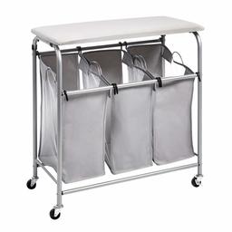 AmazonBasics Panier à linge sale avec 3 compartiments de tri et planche à repasser intégrée Gris