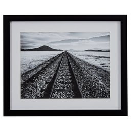 Amazon Brand – Rivet Black and White Desert Railroad Tracks Photography Wall Art Print, Black frame, 22
