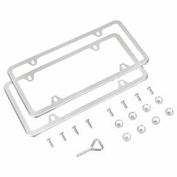 AmazonBasics Stainless Steel License Plate Frame Pair with Screw Caps - 4-Hole, 12.3'' x 6.3'', Silver