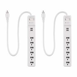 AmazonBasics Regleta con protección contra sobretensiones, 6 enchufes y 2 puertos USB - 500 J, blanco, paquete de 2