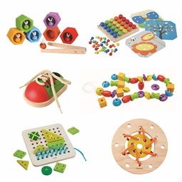 AmazonBasics Fine Motor Case Pack, Lacing Beads, Bee Hive, Lacing Board, Tie-Up Shoe, Lacing Ring, Creative Peg Board, 3 Years +