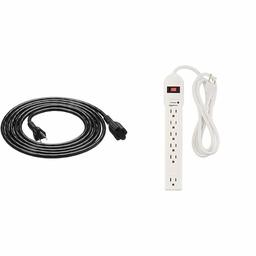 AmazonBasics Extension Cord - 10 feet - US - Black & 6-Outlet Surge Protector Power Strip, 790 Joule - White