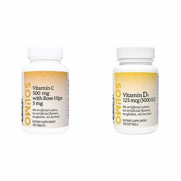 Amazon Brand - Solimo Vitamin C 500 mg with Rose Hips 5 mg, 150 Tablets, Five Month Supply & Solimo Vitamin D3 125 mcg (5000 IU), 150 Softgels, Five Month Supply (Packaging May Vary)