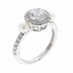 [Find] Amazon Collection Rhodium Plated suta-ringusiruba-kuriakyu-bikkuzirukonia & White Freshwater Culture Pearl Ring, Size 11 