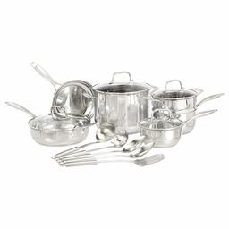 AmazonBasics - Batteria da 15 pentole, padelle e utensili in acciaio inox