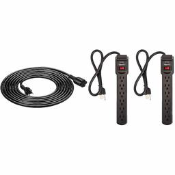 AmazonBasics Extension Cord - 15 feet - US - Black & 6-Outlet Surge Protector Power Strip 2-Pack, 200 Joule - Black