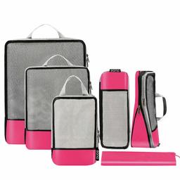 Eono by Amazon - Compression Packing Cubes, Travel Luggage Organiser Set, Travel Cubes, Extensible Organizer Bags for Travel Suitcase Organization, Fushcia, 6 Set