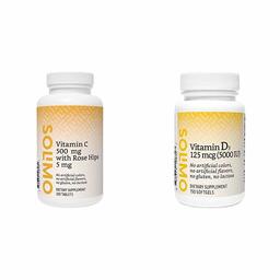 Amazon Brand - Solimo Vitamin C 500 mg with Rose Hips 5 mg, 300 Tablets, Value Size - Ten Month Supply (Packaging May Vary) & Solimo Vitamin D3 125 mcg (5000 IU), 150 Softgels, Five Month Supply