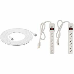 AmazonBasics Extension Cord - 25 feet - US - White & 6-Outlet Surge Protector Power Strip 2-Pack, 200 Joule