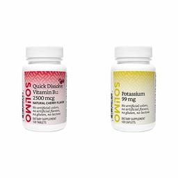 Amazon Brand - Solimo Quick Dissolve Vitamin B12 2500 mcg, Cherry Flavor, 120 Tablets, Four Month Supply & Solimo Potassium 99 mg, 120 Caplets, Four Month Supply (Packaging May Vary)