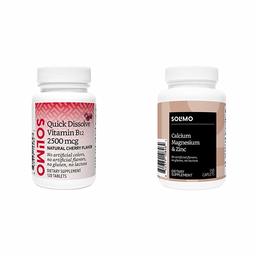Amazon Brand - Solimo Quick Dissolve Vitamin B12 2500 mcg, Cherry Flavor, 120 Tablets, Four Month Supply & Solimo Calcium, Magnesium & Zinc, Calcium 1000 mg, Magnesium 400mg, Zinc 15mg