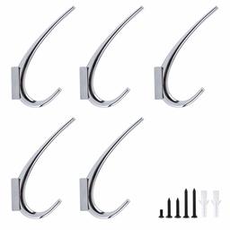 AmazonBasics Modern Double Prong Coat Hook, Polished Aluminum, 5-Pack