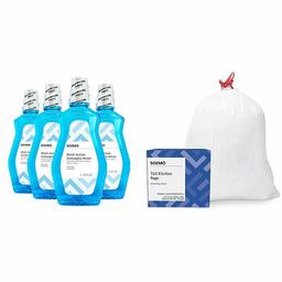 Amazon Brand - Solimo Multi Action Antiseptic Rinse, Alcohol Free, Fresh Mint, 1 Liter (Pack of 4) & Solimo Tall Kitchen Drawstring Trash Bags, 13 Gallon, 120 Count