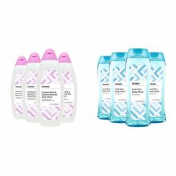 Amazon Brand - Solimo Body Wash, Coconut Milk and Jasmine Scented, 22 Fluid Ounce (Pack of 4) & Solimo Body Wash, Cool Mist Scent, 21 Fl Oz (Pack of 4)