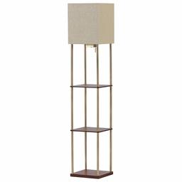 Rivet Olive 4 Wood Shelf Standing Floor Lamp With Light Bulb and USB Charging Station - 11.8 x 11.8 x 62 Inches, Brass