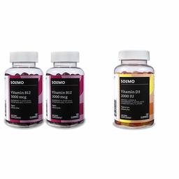 Amazon Brand - Solimo Vitamin B12 3000 mcg, 100 Gummies, 2 Gummies per Serving (Pack of 2) & Solimo Vitamin D3 2000 IU, 160 Gummies (2 Gummies per Serving)