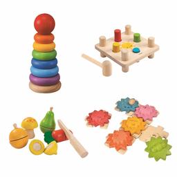 AmazonBasics Fine Motor Case Pack, Hammer Peg, Stacking Ring, Fruit & Vegetable Play Set, Gears & Puzzles, 2 Years+