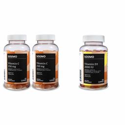 Amazon Brand - Solimo Vitamin C 250mg, 150 Gummies, 2 Gummies per Serving (Pack of 2) & Solimo Vitamin D3 2000 IU, 160 Gummies (2 Gummies per Serving)