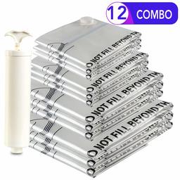 Eono by Amazon - 12-Pack premium vacuüm compressie zakken met handpomp - 3 kleine, 3 medium, 3 grote, 3 Jumbo