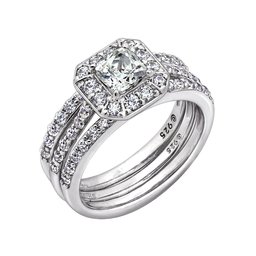 [Amazon Collection] Amazon Collection Rhodium Plated Sterling Silver Clear Ascar & Round Cut Cubic Zirconia Insert Ring Set, Size 11