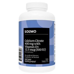 Amazon Brand - Solimo Calcium Citrate 400 mg with Vitamin D3 12.5 mcg (500 IU), 300 Tablets (2 Tablets per Serving)
