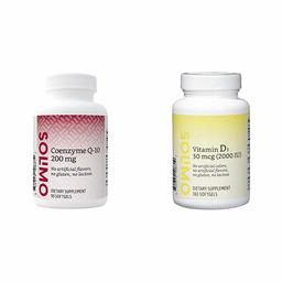 Amazon Brand - Solimo Coenzyme Q-10 200 mg, 150 Softgels, Five Month Supply & Solimo Vitamin D3 50 mcg (2000 IU), 365 Softgels, Value Size - One Year Supply