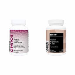 Amazon Brand - Solimo Biotin 5000 mcg, 300 Tablets, Value Size - Ten Month Supply & Solimo Calcium, Magnesium & Zinc, Calcium 1000 mg, Magnesium 400mg, Zinc 15mg per Serving (3 Caplets), 150 Caplets