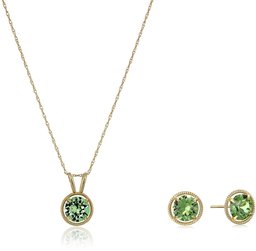 10K Gold Dainty Swarovski Crystal Birthstone Pendant Necklace with Stud Earrings Set, August