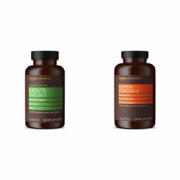 Amazon Elements Men's One Daily Multivitamin, 62% Whole Food Cultured, Vegan, 65 Tablets, 2 Month Supply & Super Omega-3, Natural Lemon Flavor, 1280 mg per Serving (2 Softgels), 120 Softgels