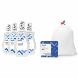 Amazon Brand - Solimo Whitening Mouthwash, Clean Mint, Alcohol Free, 32 Fluid Ounce (Pack of 4) & Solimo Tall Kitchen Drawstring Trash Bags, 13 Gallon, 120 Count
