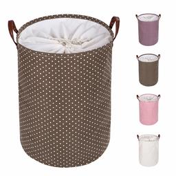 Eono Amazon Brand 19-Inches Thickened Large Laundry Basket with Durable Leather Handle, Drawstring Waterproof Round Cotton Linen Collapsible Storage Basket (Brown, L)