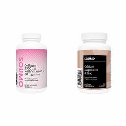 Amazon Brand - Solimo Collagen 2500 mg with Vitamin C 60 mg, 180 Tablets (3 Tablets per Serving) & Solimo Calcium, Magnesium & Zinc, Calcium 1000 mg, Magnesium 400mg, Zinc 15mg per Serving