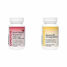 Amazon Brand - Solimo Quick Dissolve Vitamin B12 2500 mcg, Cherry Flavor, 120 Tablets, Four Month Supply & Solimo Vitamin D3 125 mcg (5000 IU), 150 Softgels, Five Month Supply (Packaging May Vary)