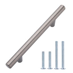 AmazonBasics Lot de 10 poignées de placard Barres style européen (diamètre 12,7 mm), Longueur : 15,57 cm (espacement des trous de 9,52 cm), Nickel satiné