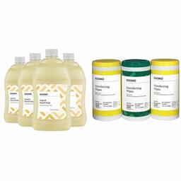 Amazon Brand - Solimo Liquid Hand Soap Refill, Milk and Honey, 56 Fluid Ounce (Pack of 4) & Disinfecting Wipes, Lemon Scent & Fresh Scent, 75 Wipes Each (Pack of 3)
