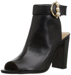 Amazon Brand - The Fix Women's Giana Open Toe Bootie with Pearl Buckle, black leather, 7.5 B US