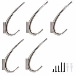 AmazonBasics Modern Double Prong Coat Hook, Satin Nickel, 5-Pack