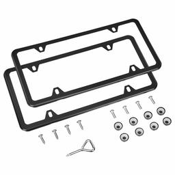 AmazonBasics Stainless Steel License Plate Frame Pair with Screw Caps - 4-Hole, 12.2″ x 6.3″, Black