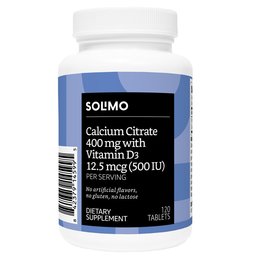 Amazon Brand - Solimo Calcium Citrate 400 mg with Vitamin D3 12.5 mcg (500 IU), 120 Tablets (2 Tablets per Serving)