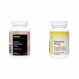 Amazon Brand - Solimo Calcium, Magnesium & Zinc, Calcium 1000 mg, Magnesium 400mg, Zinc 15mg per Serving, 150 Caplets & Solimo Potassium 99 mg, 120 Caplets, Four Month Supply (Packaging May Vary)